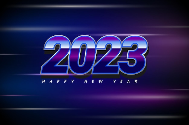 2023 szczęśliwego nowego roku z efektem tekstu chromowanego. Futurystyczny styl retro. Poziome promienie świetlne