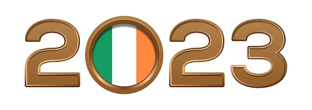 2023 złoty numer z flagą Irlandii w środku. 2023 numer projekt tekst logo na białym tle.