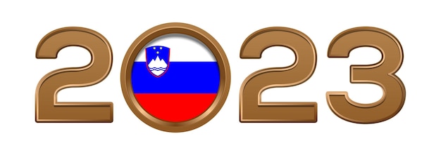 2023 złoty numer z flagą Słowenii w środku. 2023 numer projekt tekst logo na białym tle.