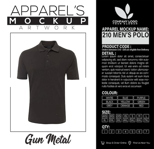 Plik wektorowy 210 mężczyźni polo gunmetal apparel mockup artwork design