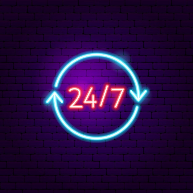 24 godziny 7 neon. Ilustracja wektorowa promocji kawiarni.