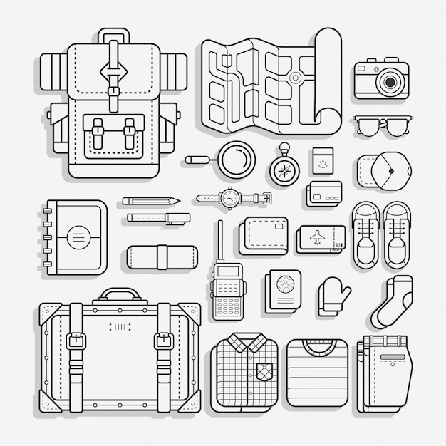 25 Zestaw Podróży I Adventure Equipment Icon Vector