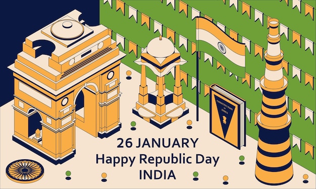 26 Stycznia Dzień Republiki Indii. Kartka Okolicznościowa W Stylu Izometrycznym Z Indian Gates