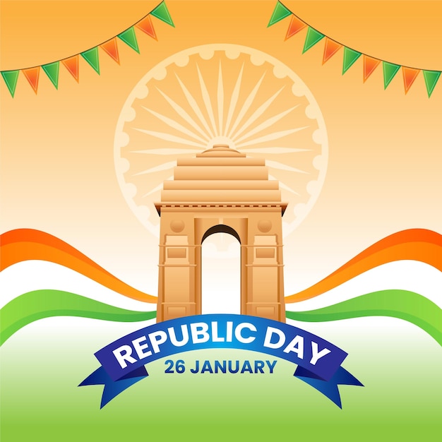 26 Stycznia Dzień Republiki Indii świętowanie Z Falistą Flagą Indii I Wektorem India Gate