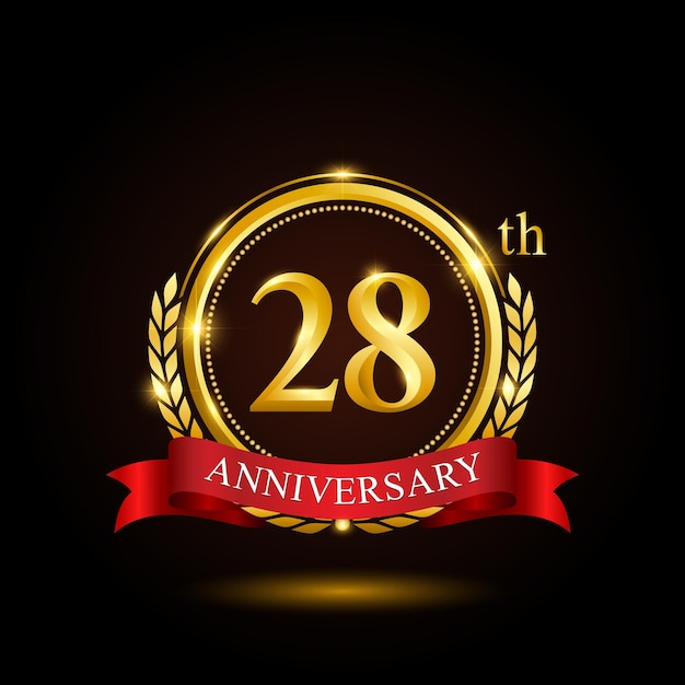 28-ta Złota Rocznica Szablonu Projektu Z Błyszczącym Pierścieniem I Czerwoną Wstążką Wieniec Laurowy Na Białym Tle Na Czarnym Tle Wektor Logo
