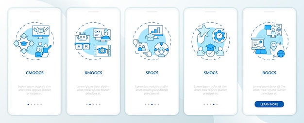 2D ikony przedstawiające zestaw ekranów aplikacji mobilnej MOOC Walkthrough 5 kroków niebieskie instrukcje graficzne z ikonami liniowymi koncepcja szablonu UI UX GUI