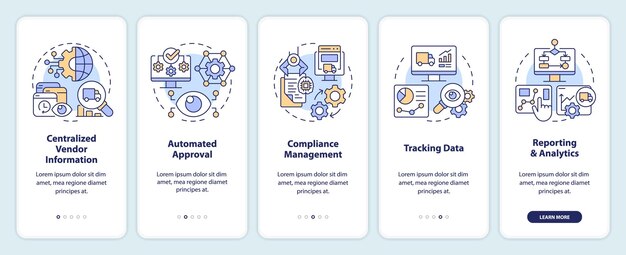 2D ikony przedstawiające zestaw ekranów aplikacji mobilnej zarządzania dostawcą Przejdź przez 5 kroków wielobarwne instrukcje graficzne z cienkimi ikonami koncepcyjnymi szablonem UI UX GUI