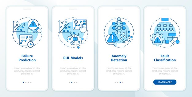 2D niebieskie ikony reprezentujące przewidywalną konserwację ekranu aplikacji mobilnej Walkthrough 4 kroki instrukcje graficzne z ikonami liniowymi koncepcja UI szablon UX GUI