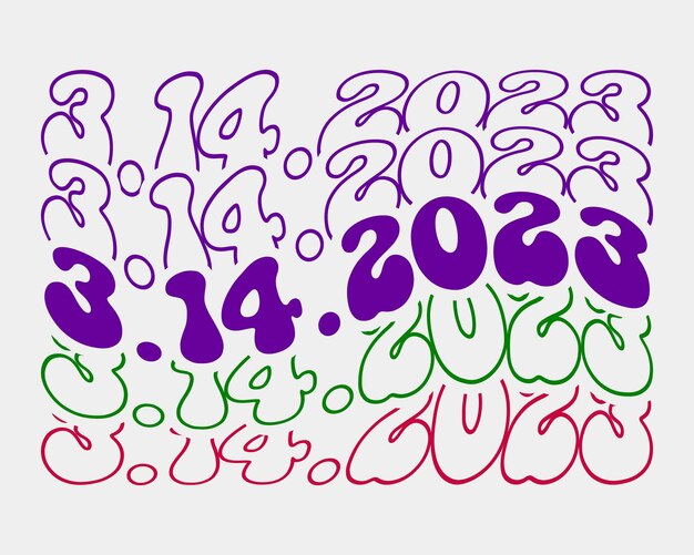 3.14.2023 Pi Day Fraza Retro Groovy Falisty Powtórz Tekst Lustrzana Sztuka Typograficzna Na Białym Tle