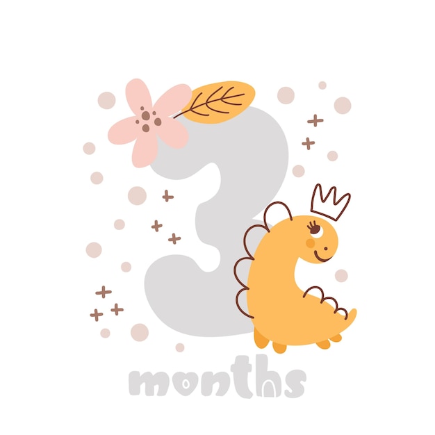 3 trzy miesiące Kartka na rocznicę miesiąca dziecka Nadruk na baby shower z uroczym zwierzęcym dino i kwiatami