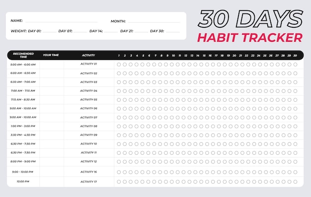 30-dniowa Aktywność śledzenie Nawyków 1 Miesiąc Utrata Masy Ciała Wyzwanie Codzienne śledzenie Szablon Pamiętnik Dziennik Planista Tabela Punktory I Czas Wektor Projekt Fitness Przyrost Tkanki Tłuszczowej Lista Celów Strona Do Druku Pozioma