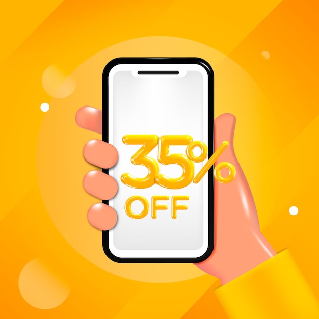 35 lub trzydzieści pięć procent zniżki na projekt. Ręka trzyma telefon komórkowy z wiadomością oferty.