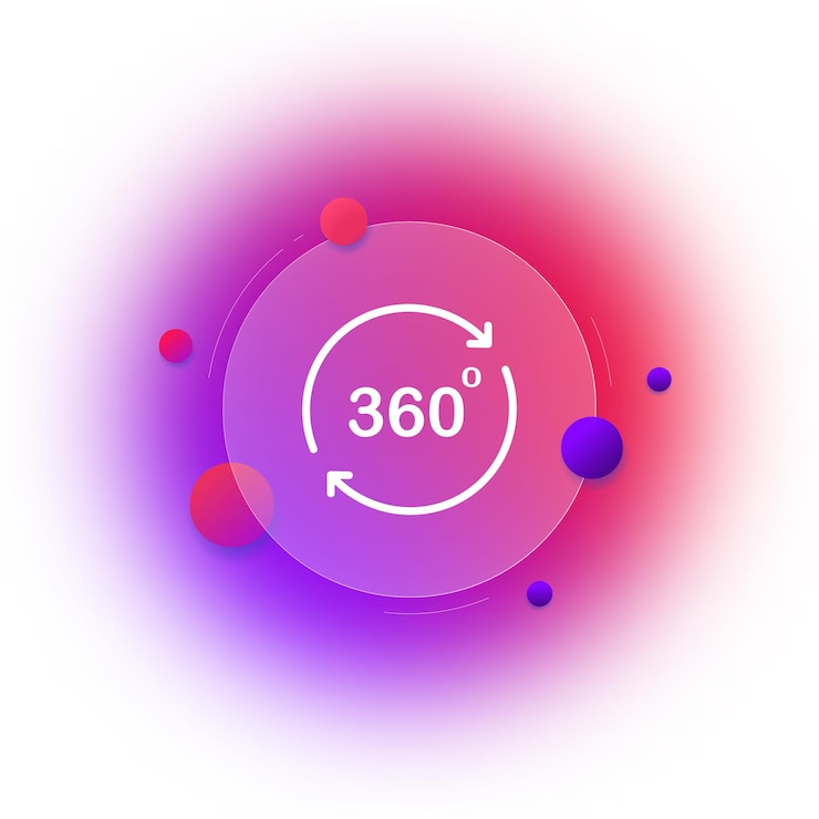 Wektor 360 ikona obiekt 3d orientacja wirtualnej rzeczywistości w przestrzeni przycisk rozmycia gradientu z konstrukcją z przezroczystego szkła glassmorphism