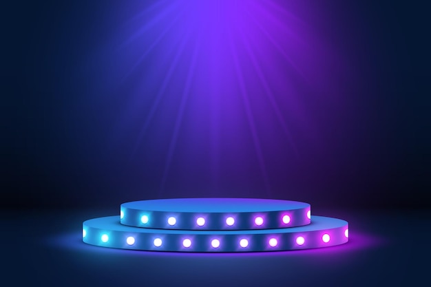 3D abstrakcyjne podium z neonowym oświetleniem bulp. Koncepcja ceremonii wręczenia nagród, ekspozycja produktu lub tło