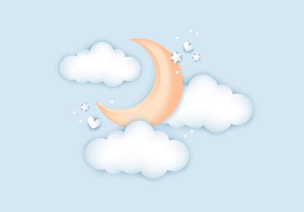 Plik wektorowy 3d baby shower księżyc z chmurami dla dzieci projekt w pastelowych kolorach śliczna wektorowa ilustracja w realistycznym stylu