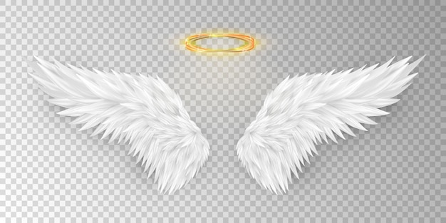 Plik wektorowy 3d białe skrzydła anioła i błyszczący nimbus realistyczne halo świętej aureoli i skrzydła