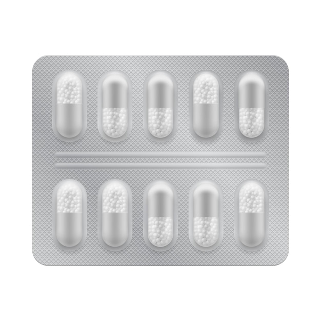 Plik wektorowy 3d blister z kapsułkami tabletka leku na choroby i leczenie bólu środek przeciwbólowy witamina antybiotyk aspiryna realistyczna makieta opakowania tabletek ilustracja opakowania wektorowego