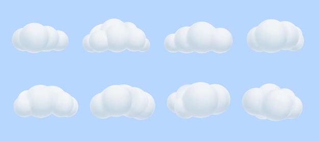 3d chmura bawełna ładny render niebo balony na niebie na białym tle na niebieskim tle różne formy puszyste elementy pogodowe czysta chmura kreskówka graficzne obiekty dekoracyjne wektor kształty 3d