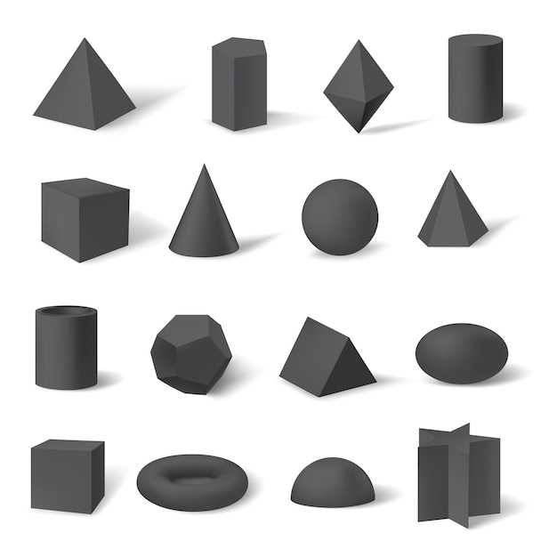 3d czarny figura geometryczna kształty zestaw sześcian kwadrat stożek piramida pryzmat cylinder sześciokąt gwiazda trapez torus obiekty matematyczne geometria na białym tle
