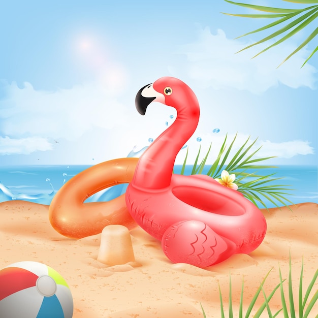 3d flamingo ulotka lato tło lato impreza przy basenie pontony plaża pierścień do pływania ocean plusk wody różowy nadmuchiwana zabawa zabawka wakacje weekend schludny wektor ilustracja