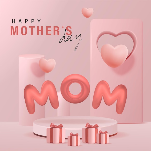 3d Happy Mother's Day Concept Na Kartkę Z życzeniami I Szablon Mama Balonowe Słowa Z Pudełkami Na Prezenty