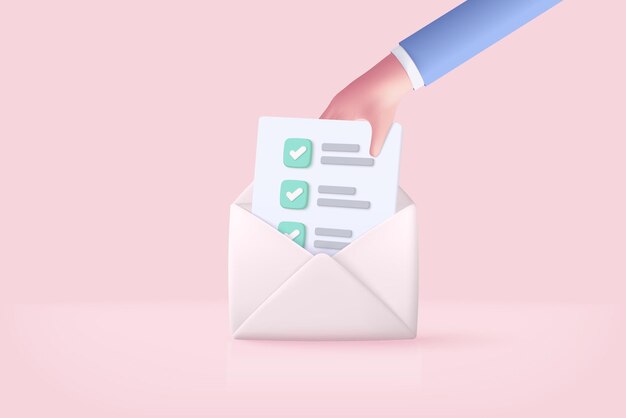 3d ikona koperty poczty z listą kontrolną do zarządzania zadaniami w ręku trzyma minimalną literę e-mail z papierem listowym przeczytaj zadanie i koncepcja wiadomości egzaminacyjnej 3d wektor render na białym tle różowe tło