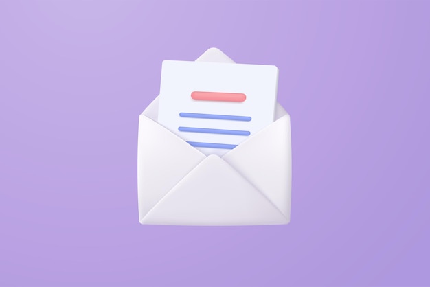 3D ikonka koperty pocztowej z powiadomieniem Nowa wiadomość na fioletowym tle Minimalny list e-mail z papierem do pisma Czytaj ikonę koncepcji wiadomości 3D renderowanie wektorowe izolowane tło pastelowe