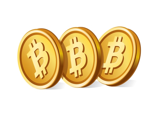 3D illustration of three golden Bitcoin coins prominently displaying the Bitcoin symbol representing digital currency and investment opportunities