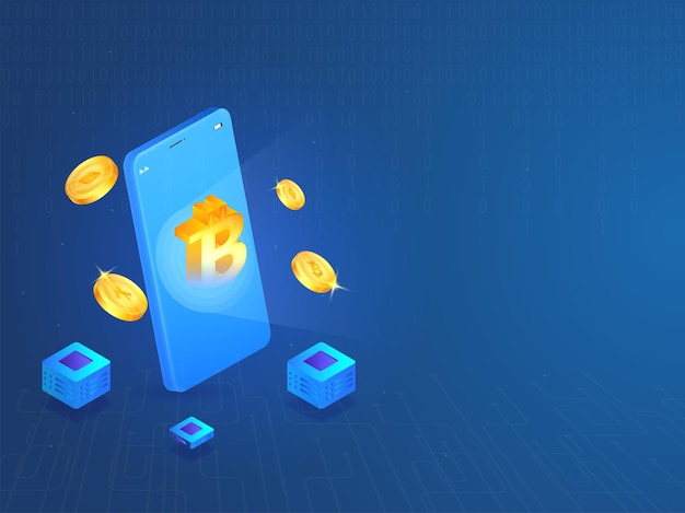 3D Ilustracja Smartphone Z Złote Monety Crypto Na Niebieskim Obwodu I Binarnym Tle.