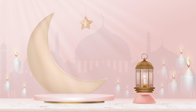 3d Islamskie Podium Z Półksiężycem, Tradycyjną Islamską Latarnią, świecami I Meczetem. Poziomy Baner Islamski Do Prezentacji Produktu