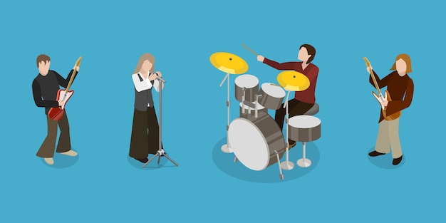 3D izometryczna koncepcyjna ilustracja płaskiego wektora zespołu muzycznego rockowego