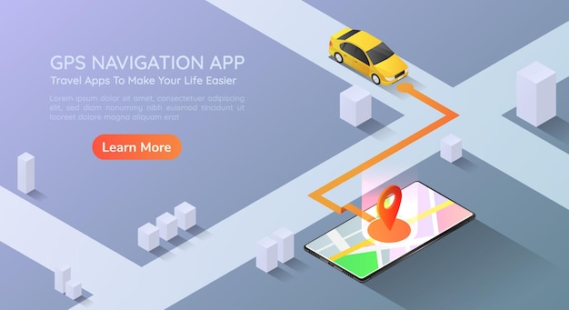3d Izometryczny Baner Internetowy Samochód Zamierza Przypiąć Punkt W Aplikacji Do Nawigacji Po Mapie Gps Na Smartfonie. Strona Docelowa Koncepcji Technologii Nawigacji Mobilnej Gps.