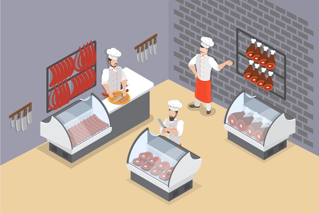 3D izometryczny płaski wektor koncepcyjny ilustracja sklepu rzeźniczego