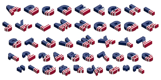 3d Izometryczny Usa Flag Czcionka, Litery, Cyfry, Symbole I Znaki, Czas Ilustracji Clipart