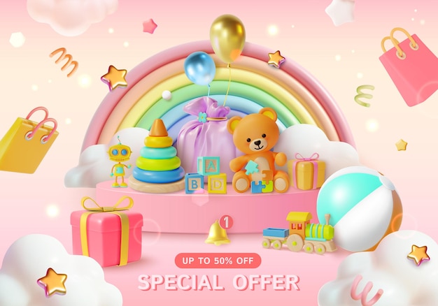 3d Kid Toy Store Big Sale Specjalna Oferta Połowa ceny Koncepcja Plakat Plakat Karta szablon