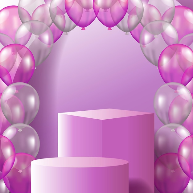 3d Kostka I Cylinder Wyświetlacz Produktu Na Podium Na Scenie Z Różowym Balonem 3d