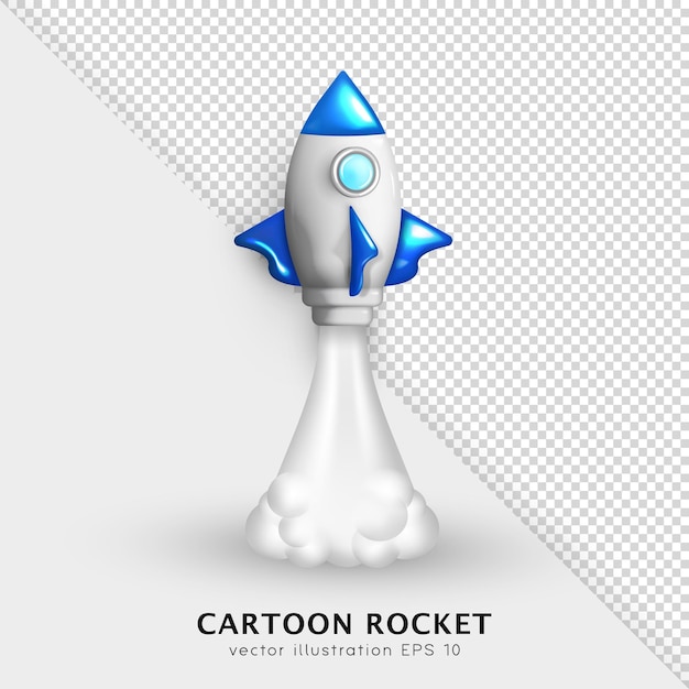 Plik wektorowy 3d kreskówka błyszczący rakieta z dymem z turbin. realistyczny trójwymiarowy statek kosmiczny wektorowy