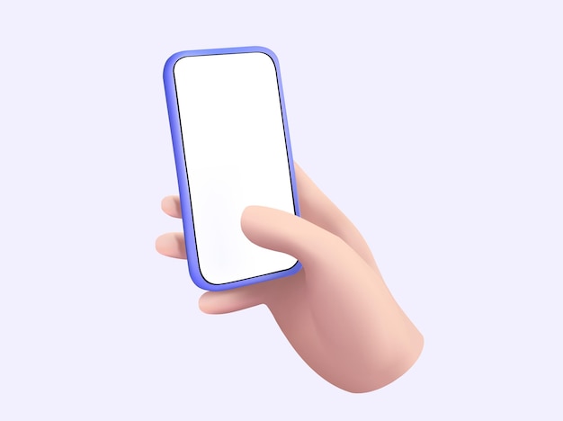 3d kreskówka ręka trzymająca smartfon urządzenie dotykające pusty ekran telefon komórkowy komunikacja media społecznościowe Internet Technologia online Ręka używająca modelu telefonu komórkowego 3d ilustracja wektorowa Eps 10