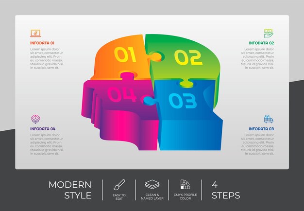 Plik wektorowy 3d krok infografika wektor projekt z 4-stopniowym kolorowym stylem do celów prezentacji infografika okręgu może być używana w biznesie i marketingu