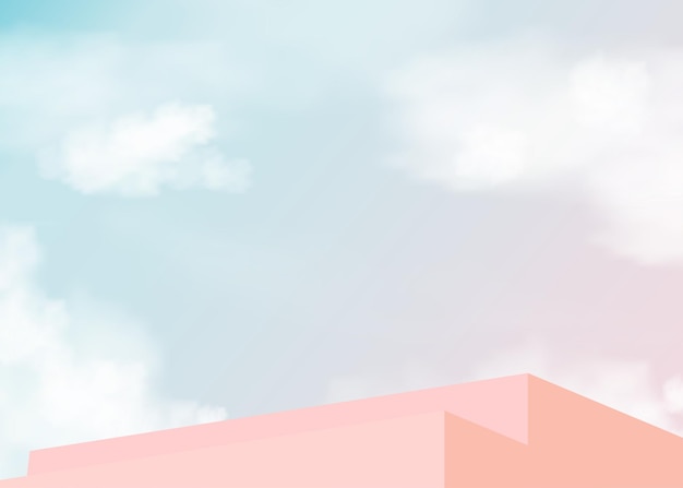 Plik wektorowy 3d krok podium beżowy z niebieskim i różowym niebem z chmurą backgroundvector ilustracja transparent z makieta stage showcase minimalny projekt tło dla produktu kosmetycznego wiosna lato