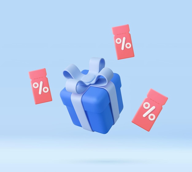 3d kupon zniżki z znakiem procentowym i pudełko z latającymi prezentami Dla sprzedaży internetowej i korzystnych cen Projekt szablonu karty voucher z promocją kodu kuponu 3d rendering ilustracja wektorowa