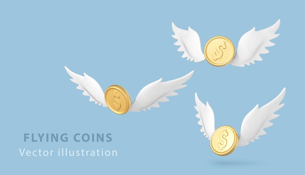 Plik wektorowy 3d latające złote monety z skrzydłami na niebieskim tle koncepcja dla biznesowych stron internetowych sklep internetowy