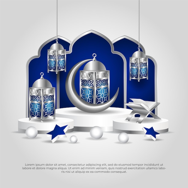 3d niebieska lampa Eid al adha mubarak piękna islamska lampa księżycowa z koranem i projekt wektora gwiazdy