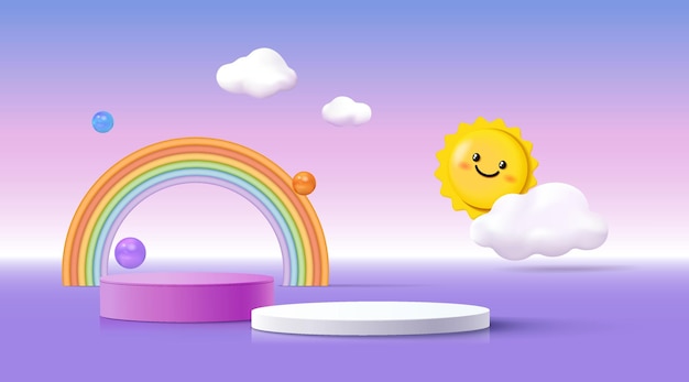 3d podium na kolorowym tle z chmurami i uroczym tęczowym wyświetlaczem produktów dla dzieci