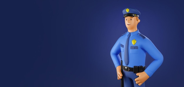 3D Policjant Banner Wektorowy Karikatura Mężczyzna Postać policjanta na ciemno niebieskim tle