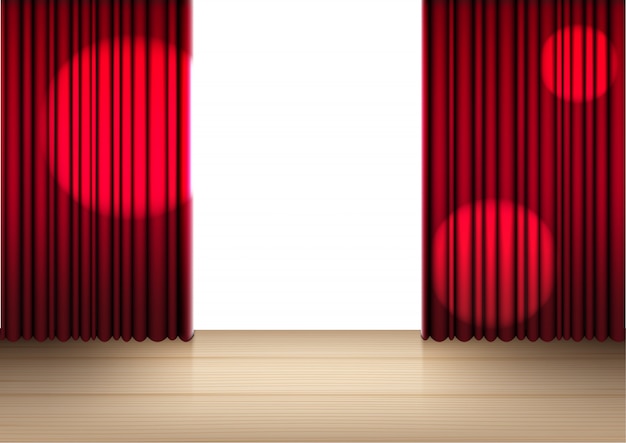 3D Realistyczna Otwarta Czerwona zasłona na Drewnianej scenie lub kinie dla przedstawienia, koncerta lub prezentaci ilustraci