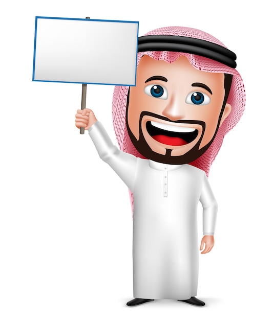 3d Realistyczna Postać Z Kreskówki Arabii Saudyjskiej Trzymająca Pusty Afisz W Thobe