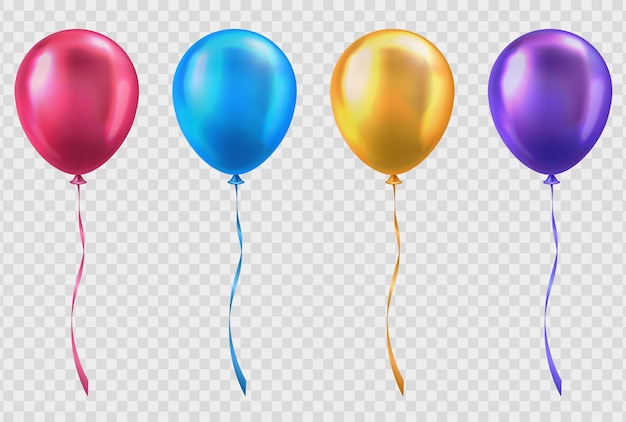 3d realistyczne błyszczące niebieskie różowe żółte i fioletowe balony z sznurkiem na przezroczystym tle