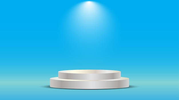 3D realistyczne metalowe podium z reflektorem na białym tle na niebieskim tle