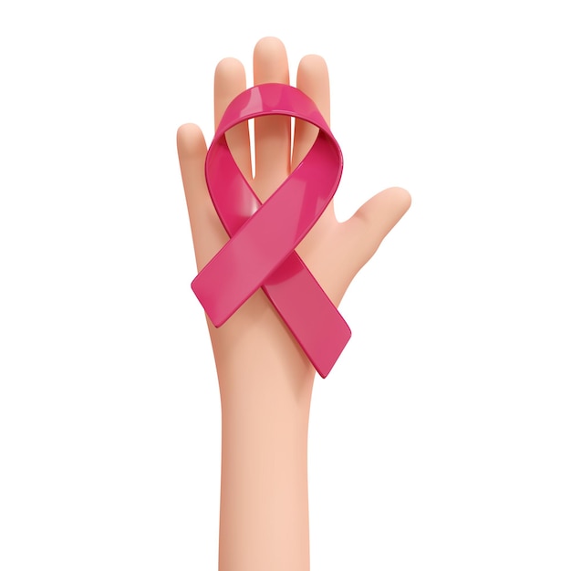 3D ręka trzyma czerwoną wstążką Światowy Dzień Walki z Rakiem Podnieść świadomość Ikona plakat transparent Wektor izolowany